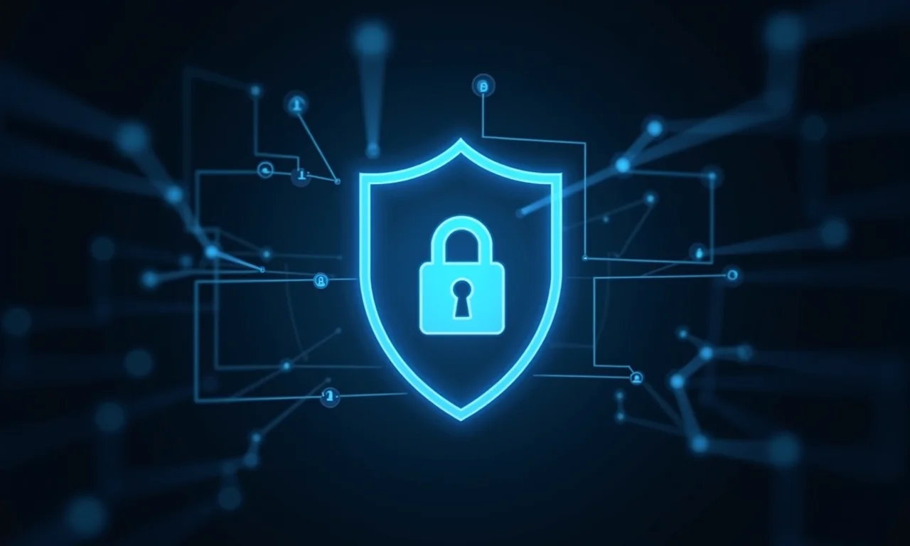 Escudo de cibersegurança protegendo rede de servidores.