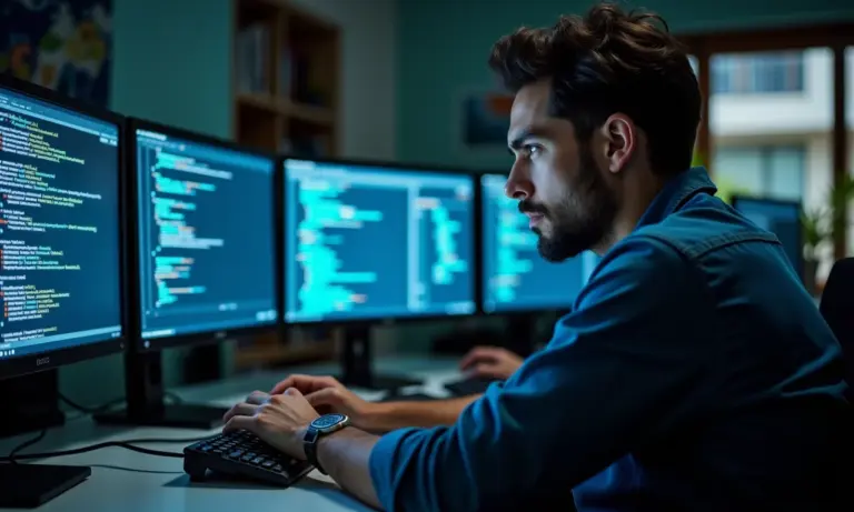 Especialista em segurança cibernética analisando código malicioso em múltiplos monitores.