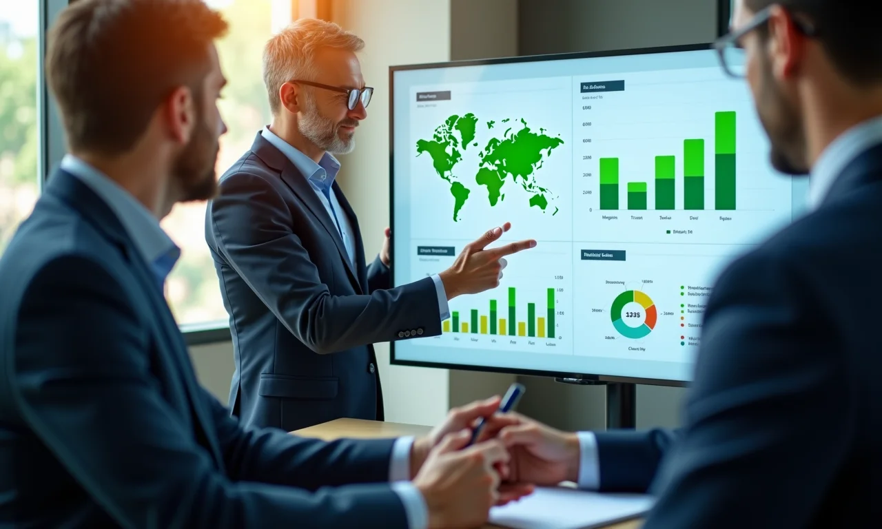 Executivos usando big data para decisões estratégicas, impacto ambiental.