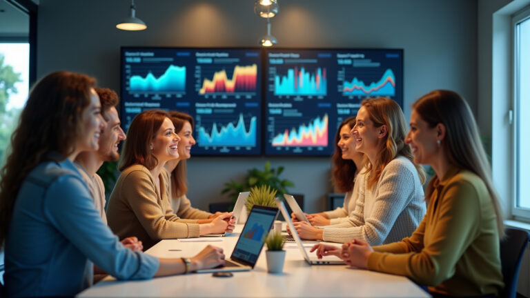 Equipe de agência de tráfego pago analisando dados e resultados.