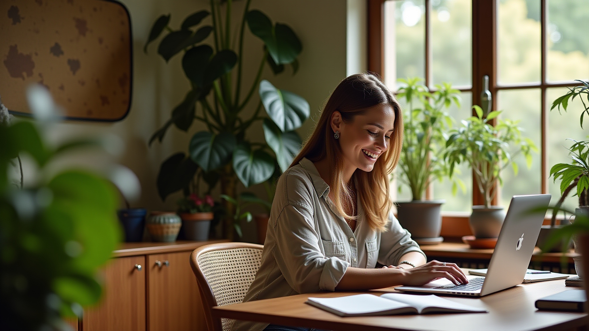 Home office vibrante com design brasileiro e iluminação natural.