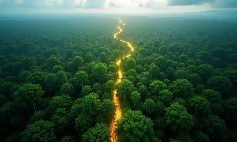 Floresta Amazônica com linhas digitais, representando tecnologia e sustentabilidade.