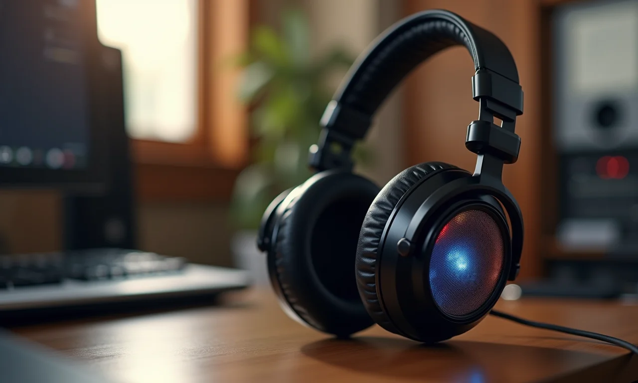 Fones de ouvido de estúdio refletindo uma interface de gravação.