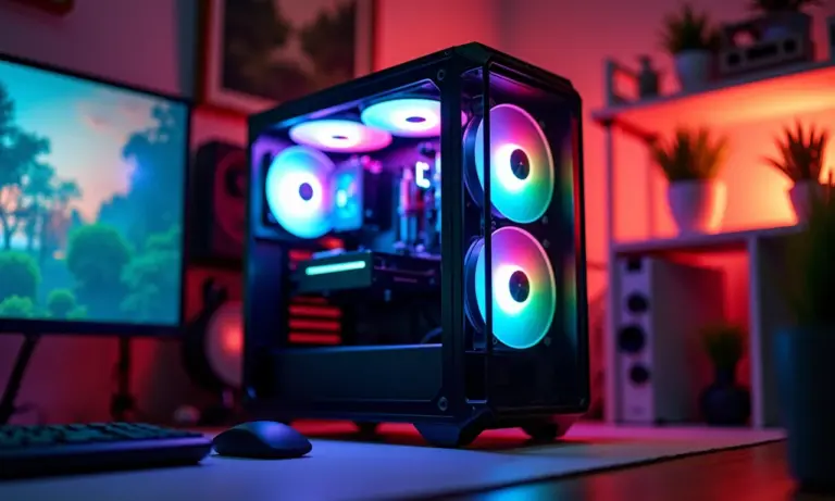Gabinete de PC gamer com iluminação RGB personalizável mostrando o fluxo de ar interno.