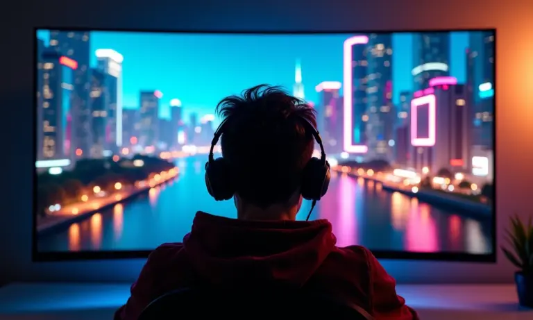 Gamer aproveitando a imersão em um monitor HDR com paisagem futurista vibrante.