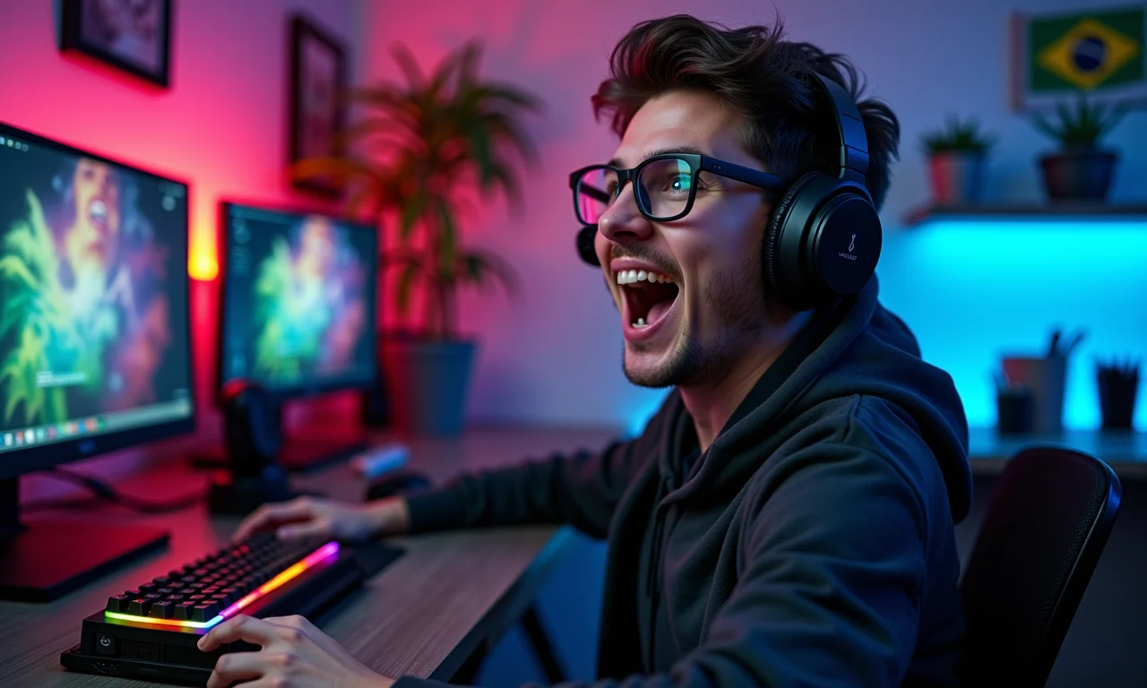 Gamer desembalando animadamente uma nova placa de vídeo de alta performance.