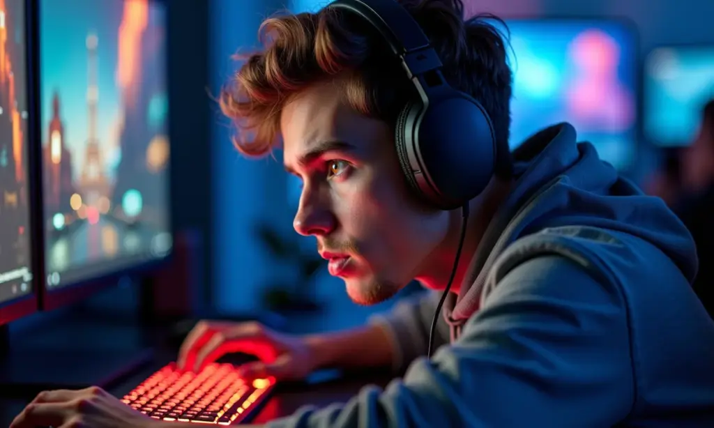 Gamer frustrado com gargalo entre CPU e GPU, PC gamer de alto desempenho.