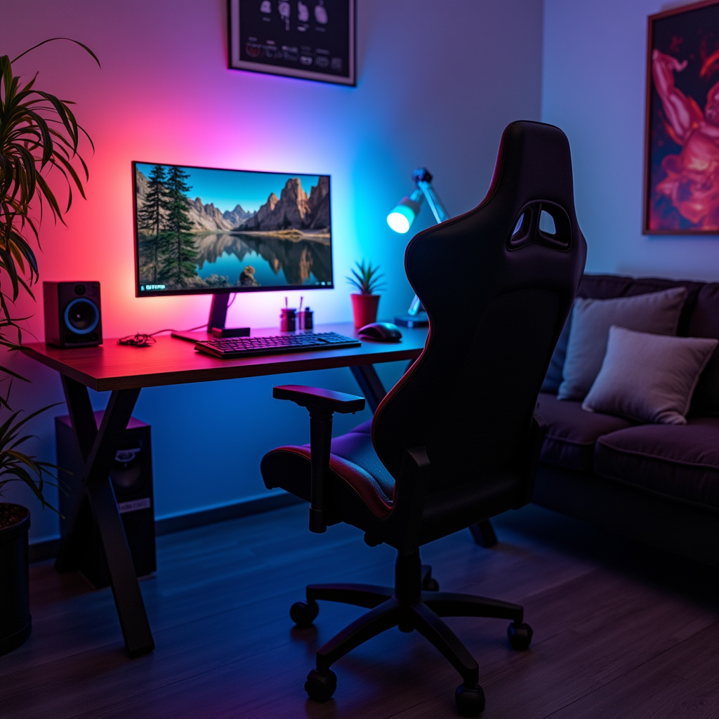 Home office gamer com cadeira confortável e iluminação RGB.