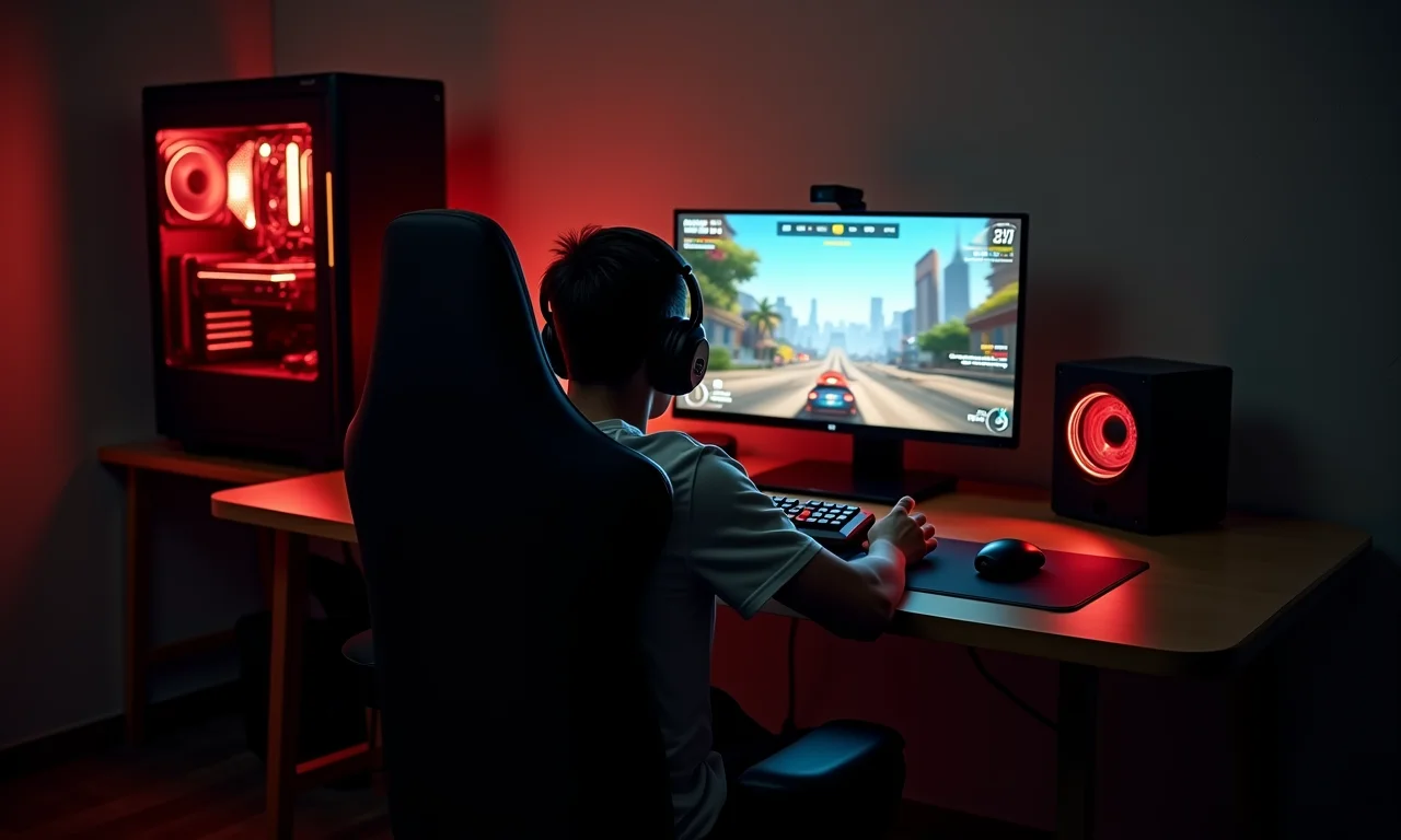 Gamer jogando com PC Ryzen 9 7900X, jogo de ação em ritmo acelerado.