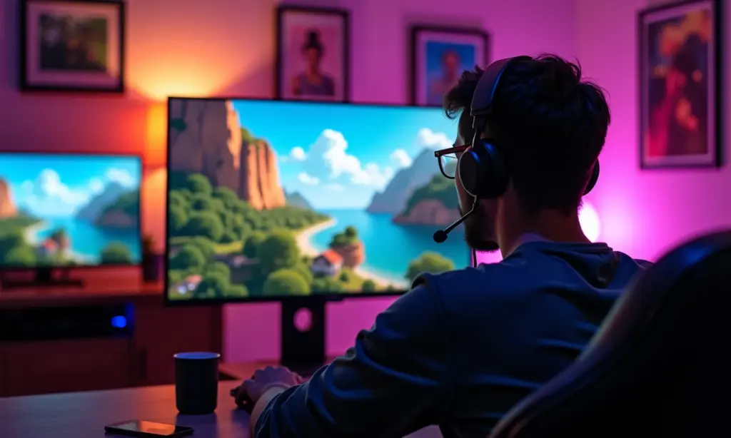 Gamer jogando na nuvem com GeForce Now ou Amazon Luna em apartamento vibrante.