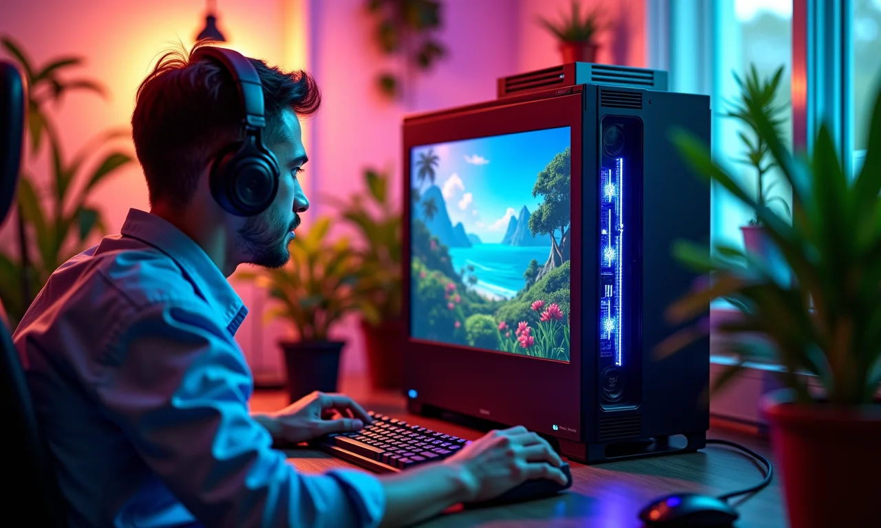 Gamer transmitindo ao vivo com placa de vídeo de alta performance em PC customizado.