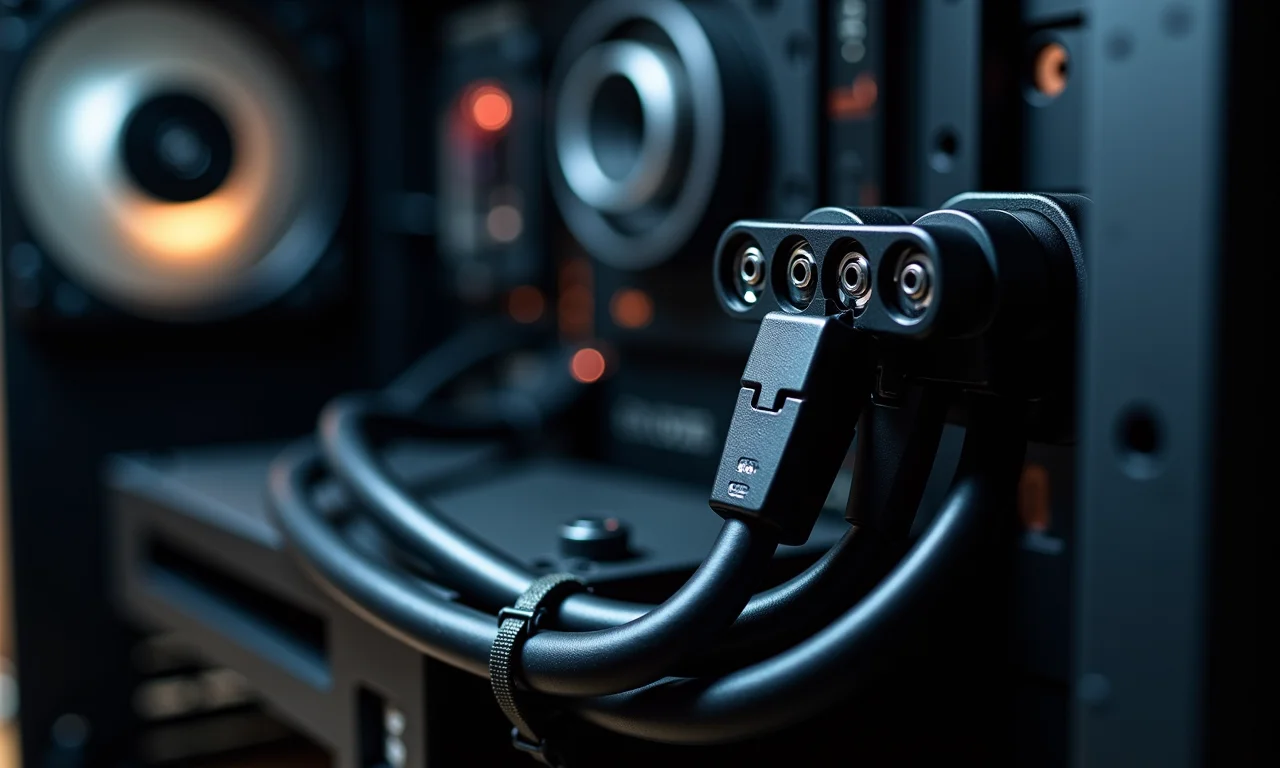 Gerenciamento de cabos organizado dentro do gabinete do PC para otimizar o fluxo de ar e a estética.