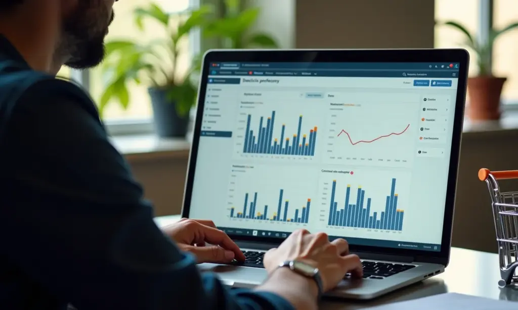 Gerente de e-commerce analisa dados de comportamento de compra em dashboard.