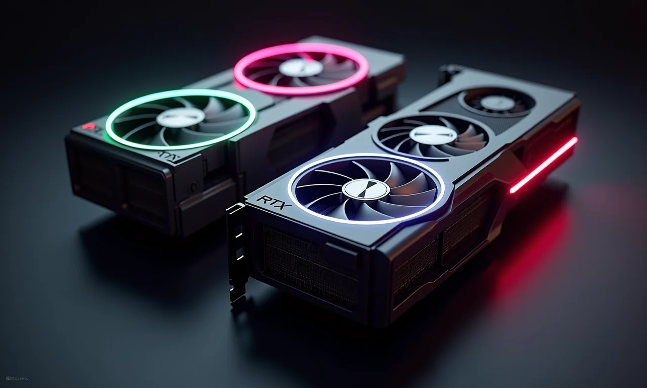 GPUs NVIDIA RTX 5000 e AMD Radeon RX 8000 com designs futuristas e elementos brilhantes.