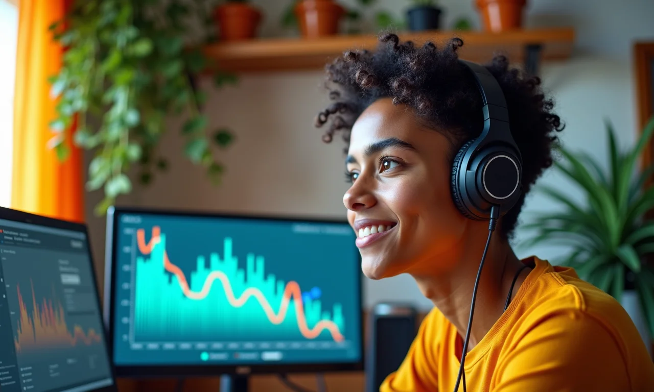 Gráfico de resposta de frequência sobreposto à imagem de um headset em uso.