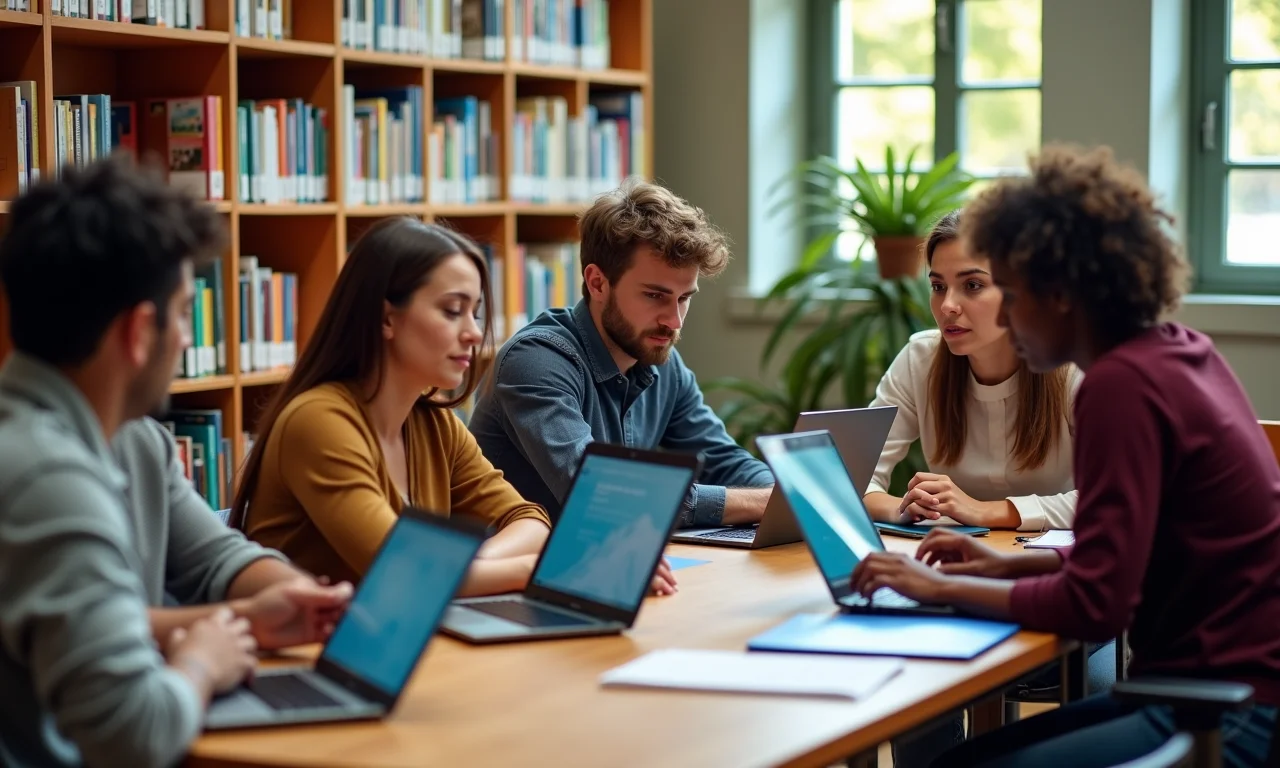 Grupo de estudantes brasileiros usando o Gemini para pesquisa acadêmica em biblioteca moderna.