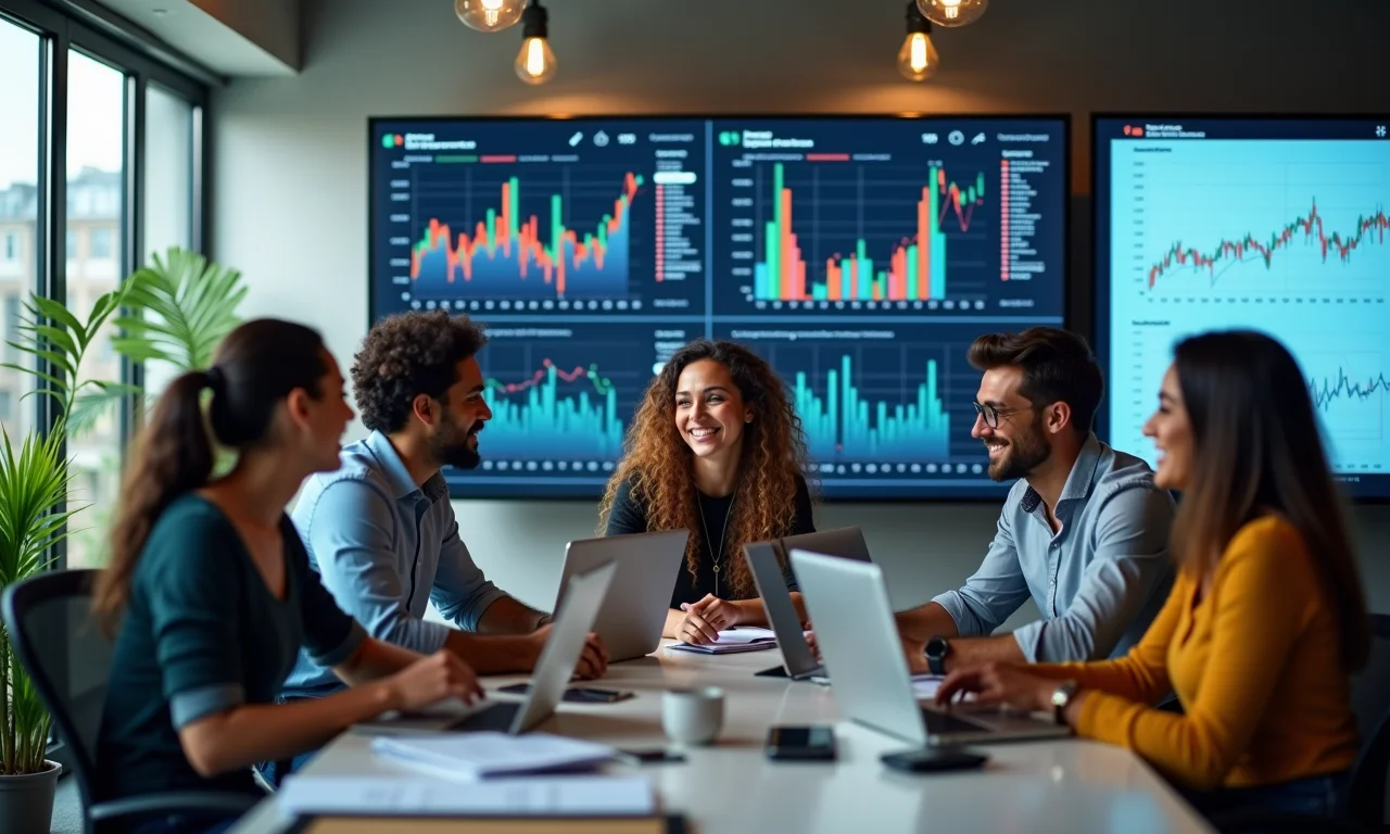 Grupo diverso de brasileiros colaborando em gráficos financeiros blockchain em um escritório.