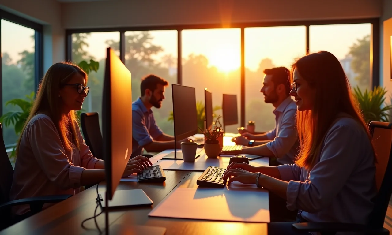 Grupo diverso trabalhando em projetos complexos com workstations equipadas com Ryzen 9 7900X.