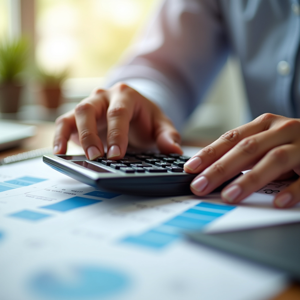 Hands calculating ROI on a calculator with marketing reports in a bright Brazilian office. Sharp Mãos calculando o ROI de campanhas de tráfego pago.
