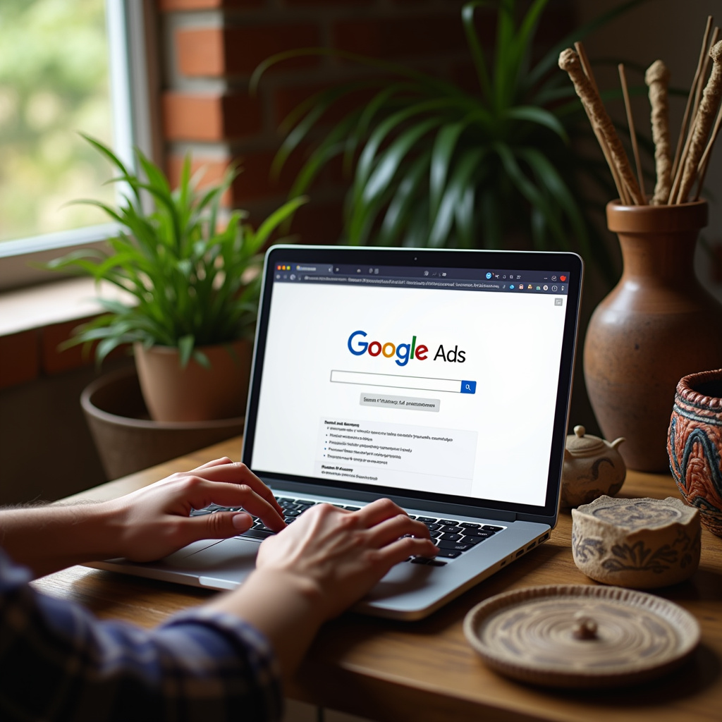 Hands typing on a laptop with Google Ads interface displayed, surrounded by Brazilian handicrafts. Mãos digitando em um laptop com a interface do Google Ads.