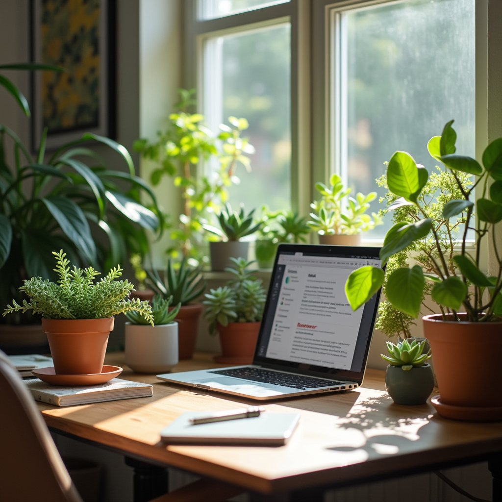 Home office com plantas e decoração aconchegante.