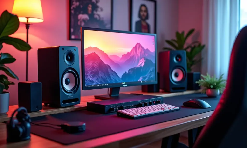 Home studio moderno com PC, interface de áudio e microfone.