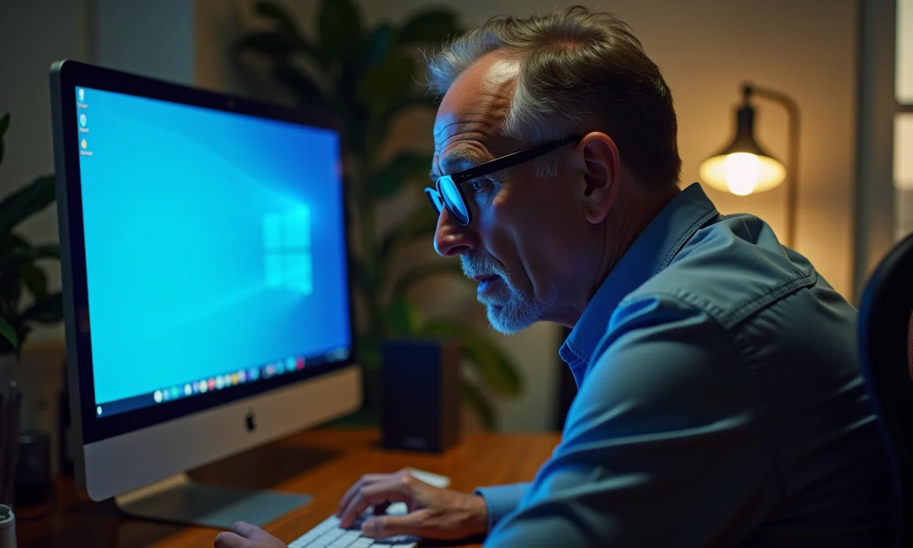 Homem frustrado olhando para tela azul no computador.