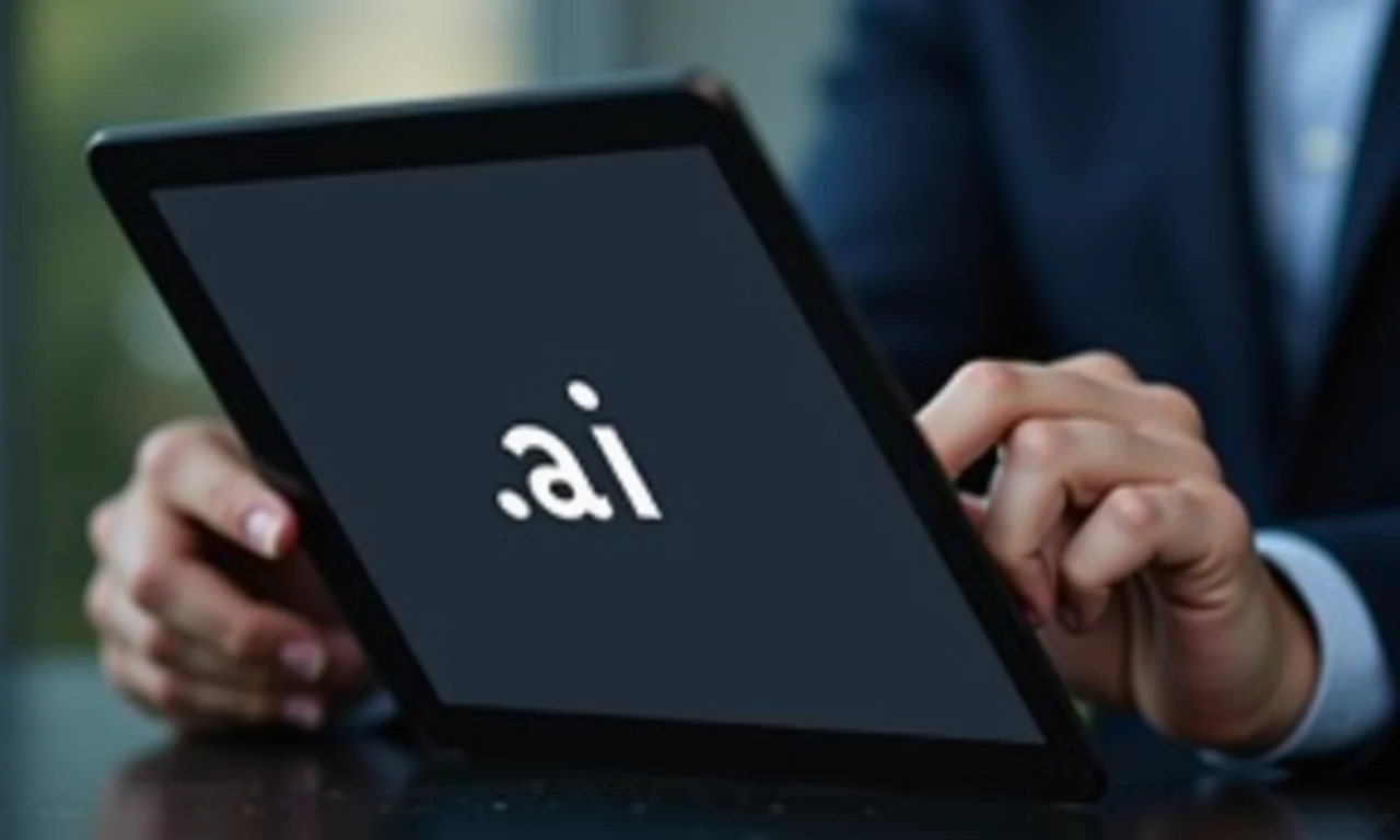 Homem usando tablet mostrando o domínio .ai, simbolizando relevância e credibilidade.