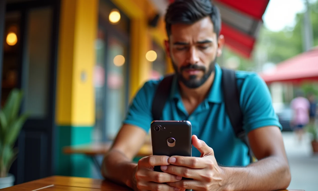 Homem utilizando um smartphone Motorola Moto em um café brasileiro.