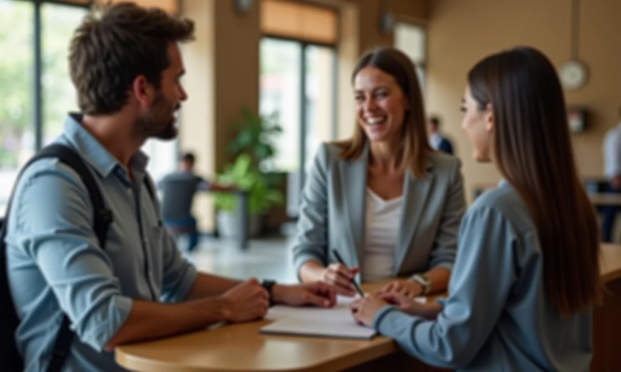 Hóspede insatisfeito conversando na recepção sobre política não reembolsável.