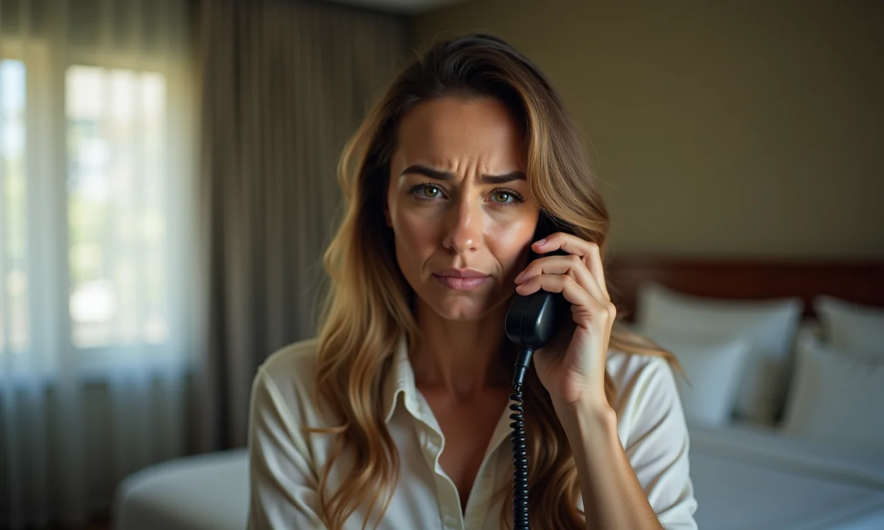 Hóspede resolvendo problemas com reembolso por telefone em quarto de hotel.