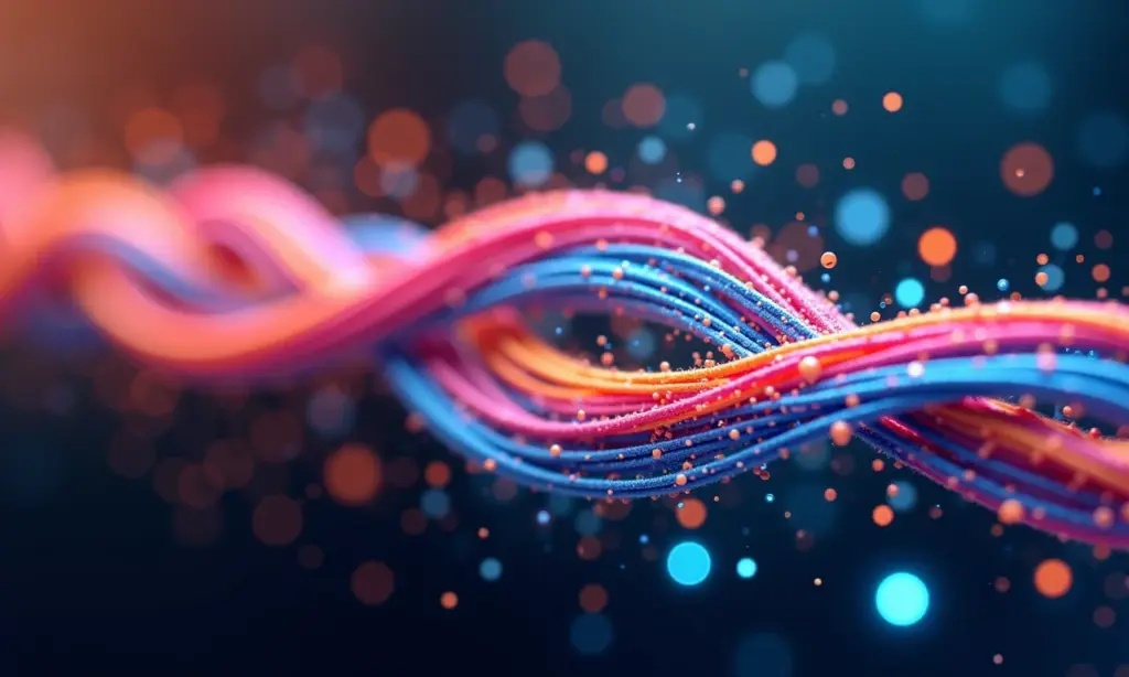 Ilustração abstrata de tarefas concorrentes em Go, como fios coloridos entrelaçados.