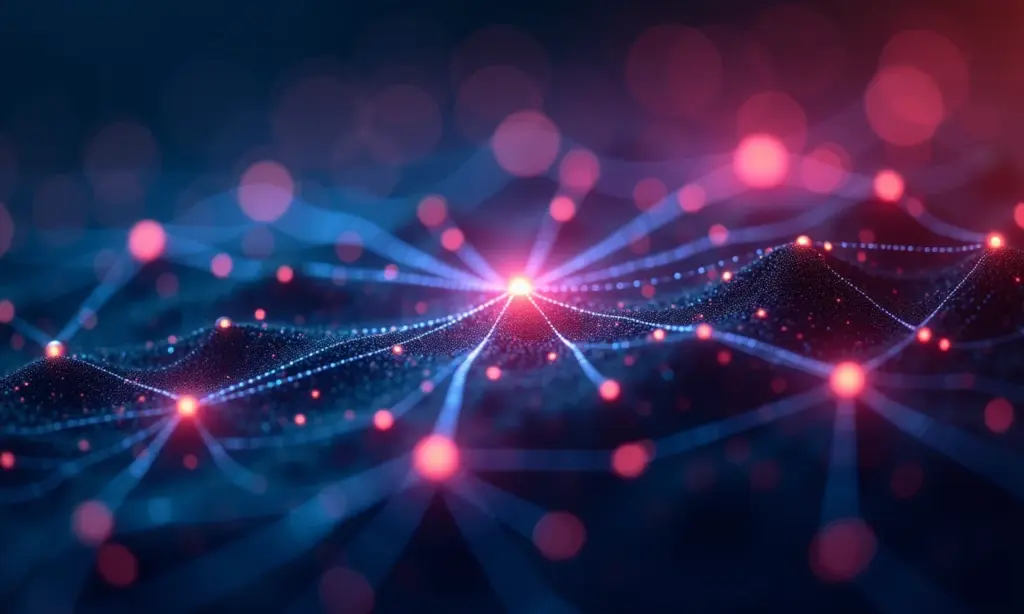 Ilustração abstrata de uma rede interconectada de nós representando DApps.