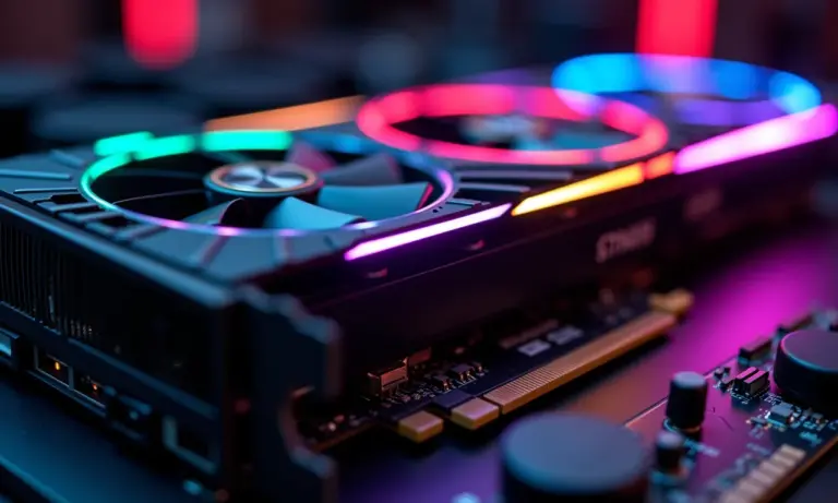 Imagem detalhada de uma placa de vídeo de última geração com iluminação RGB vibrante.