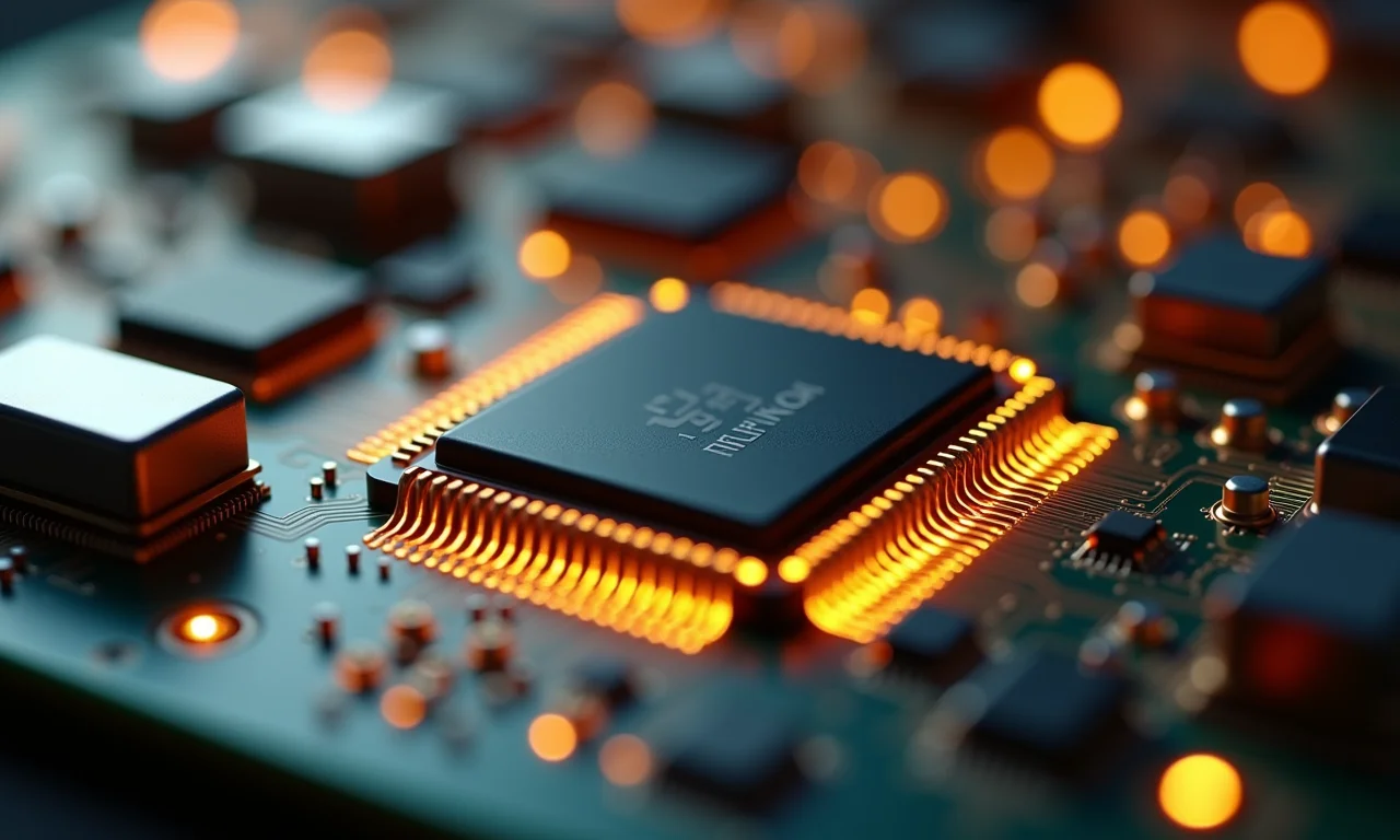 Imagem macro de chips de memória cache de CPU, mostrando detalhes da arquitetura.