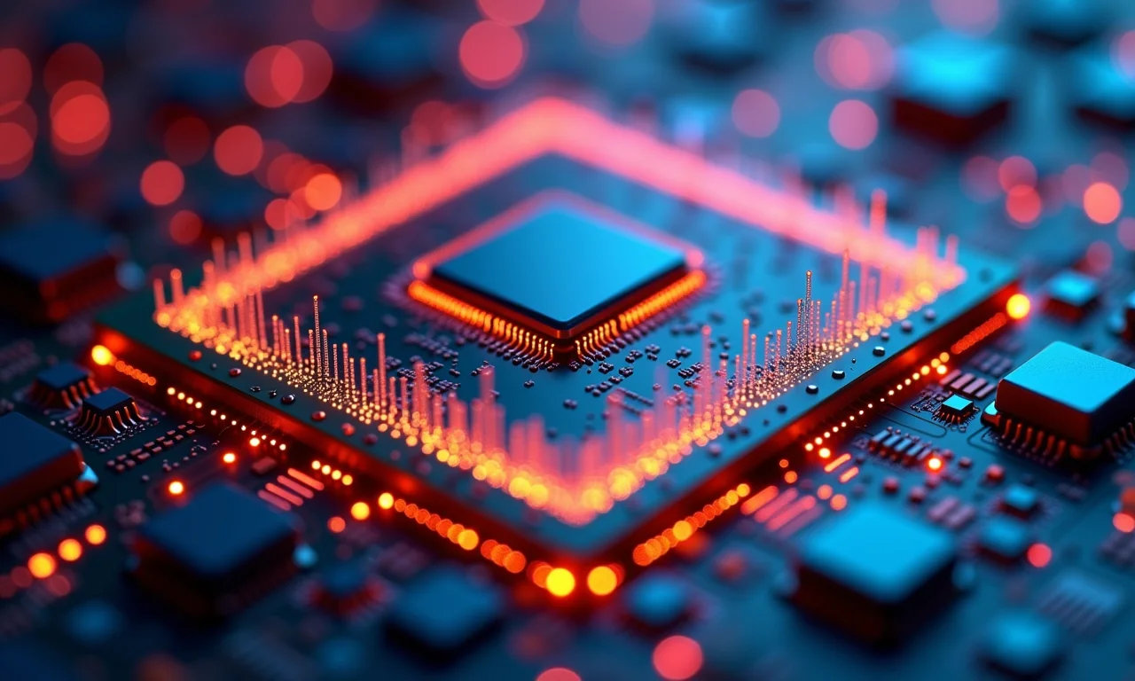 Imagem macro de um processador mostrando os núcleos e threads.