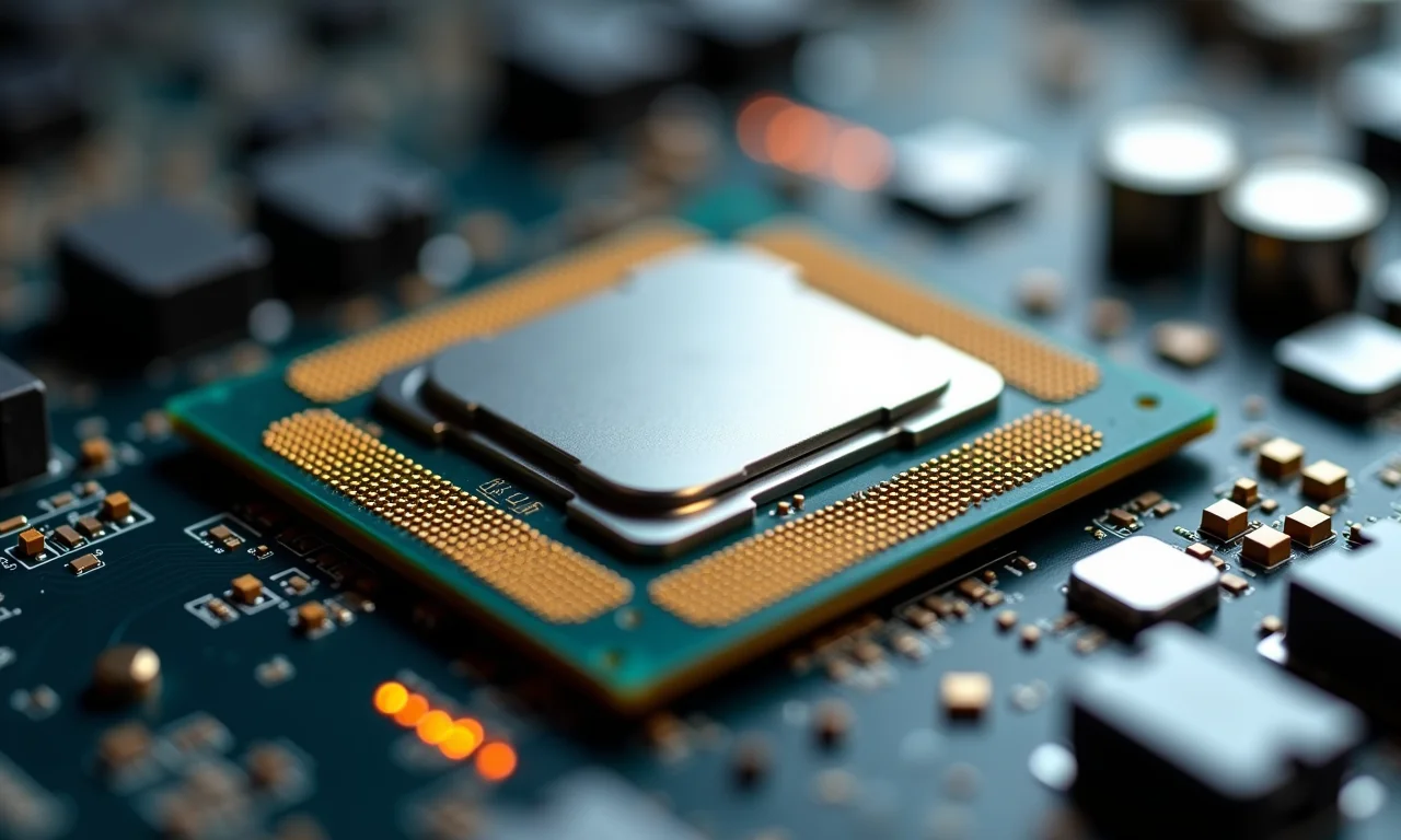 Imagem macro de um processador mostrando seus núcleos e threads em detalhe.