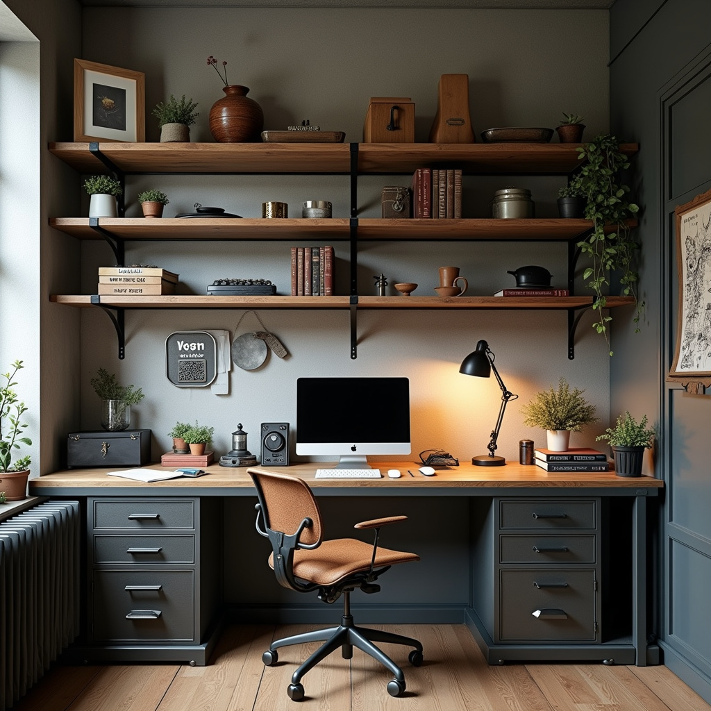 Home office masculino com decoração industrial.