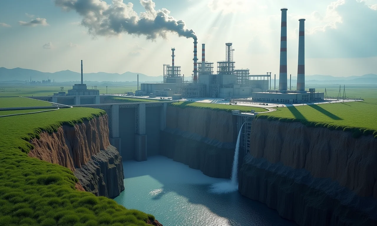 Instalação de captura e armazenamento de carbono em paisagem industrial.