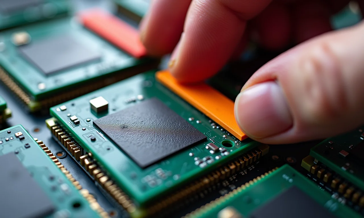 Instalação de thermal pads em chips de VRAM da GPU.