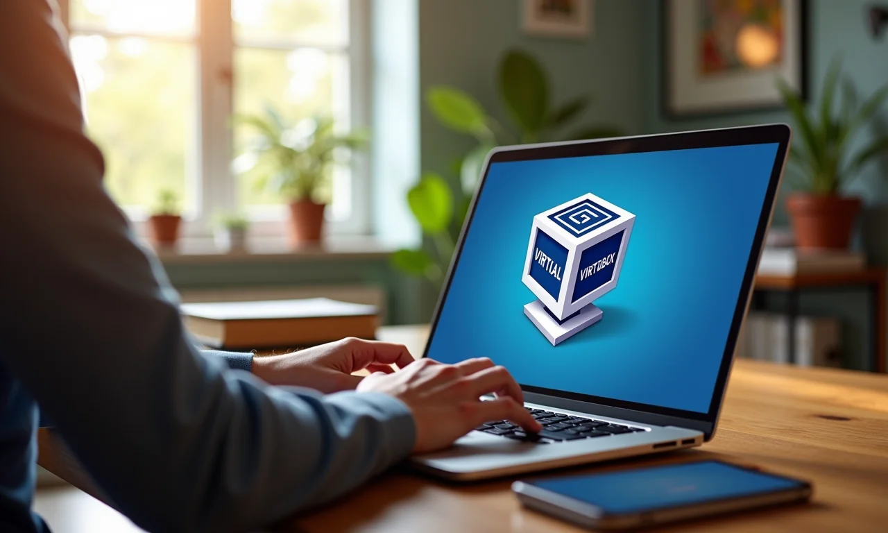 Instalação do VirtualBox em um laptop em um escritório doméstico com decoração brasileira.