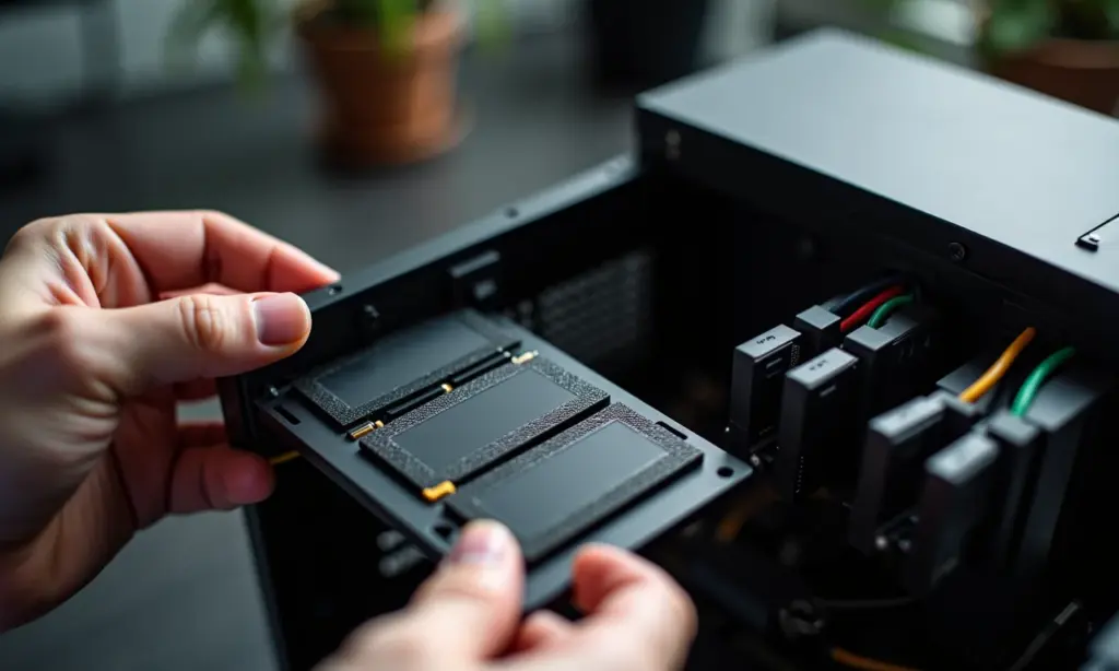 Instalando um SSD em um PC, mostrando os componentes e cabos.