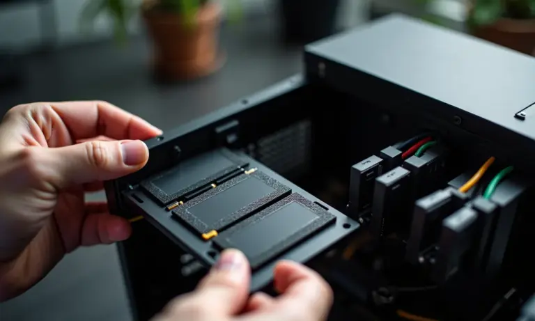 Instalando um SSD em um PC, mostrando os componentes e cabos.