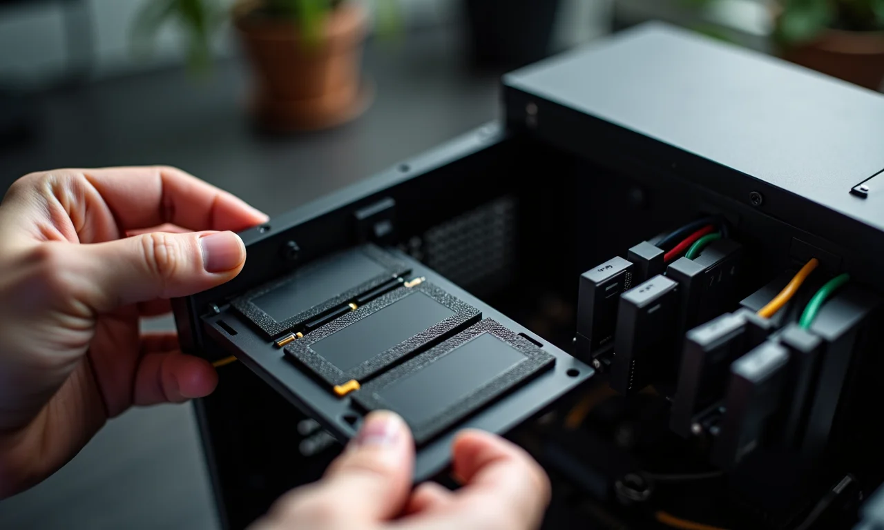 Instalando um SSD em um PC, mostrando os componentes e cabos.