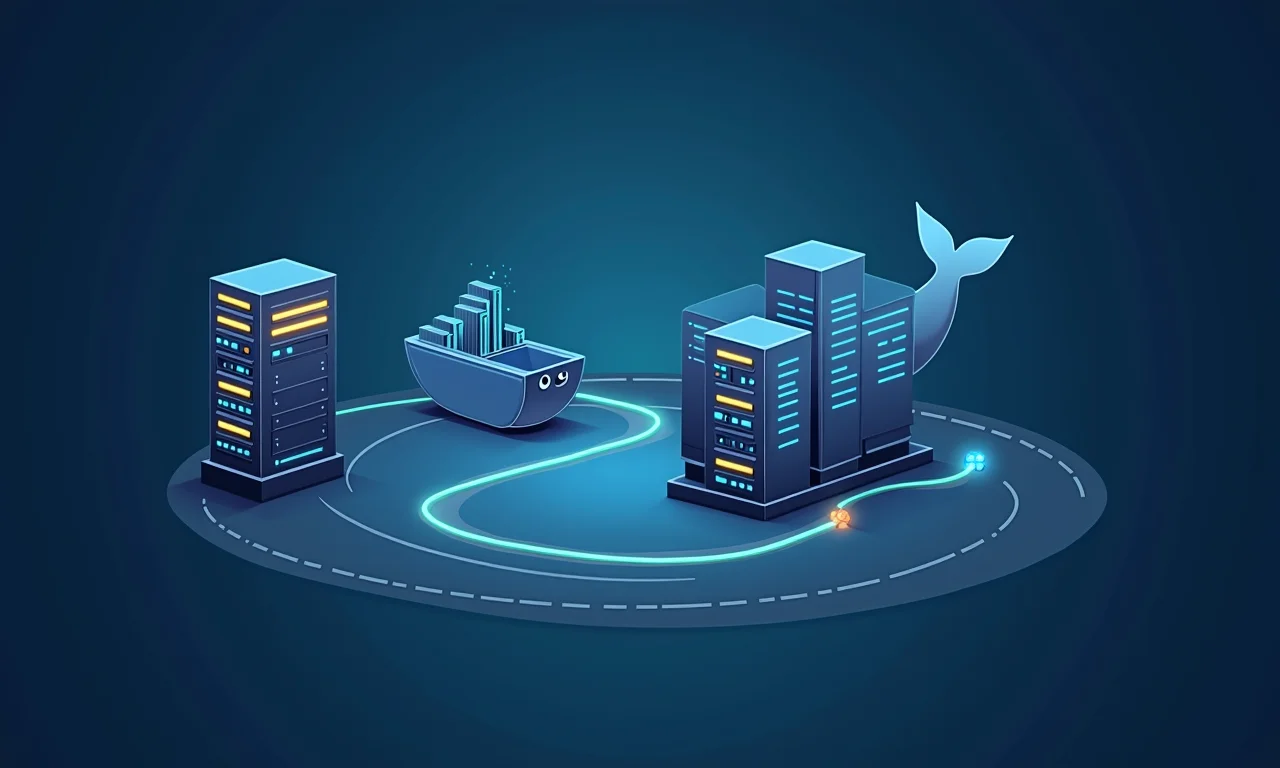 Integração perfeita entre Docker e um farm de servidores, simbolizando a fluidez do processo.