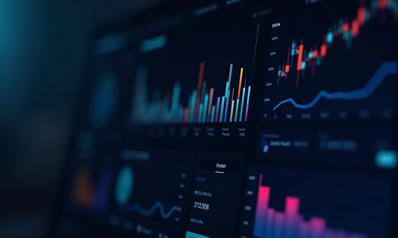 Interface de análise de dados complexa com gráficos e mapas de calor.