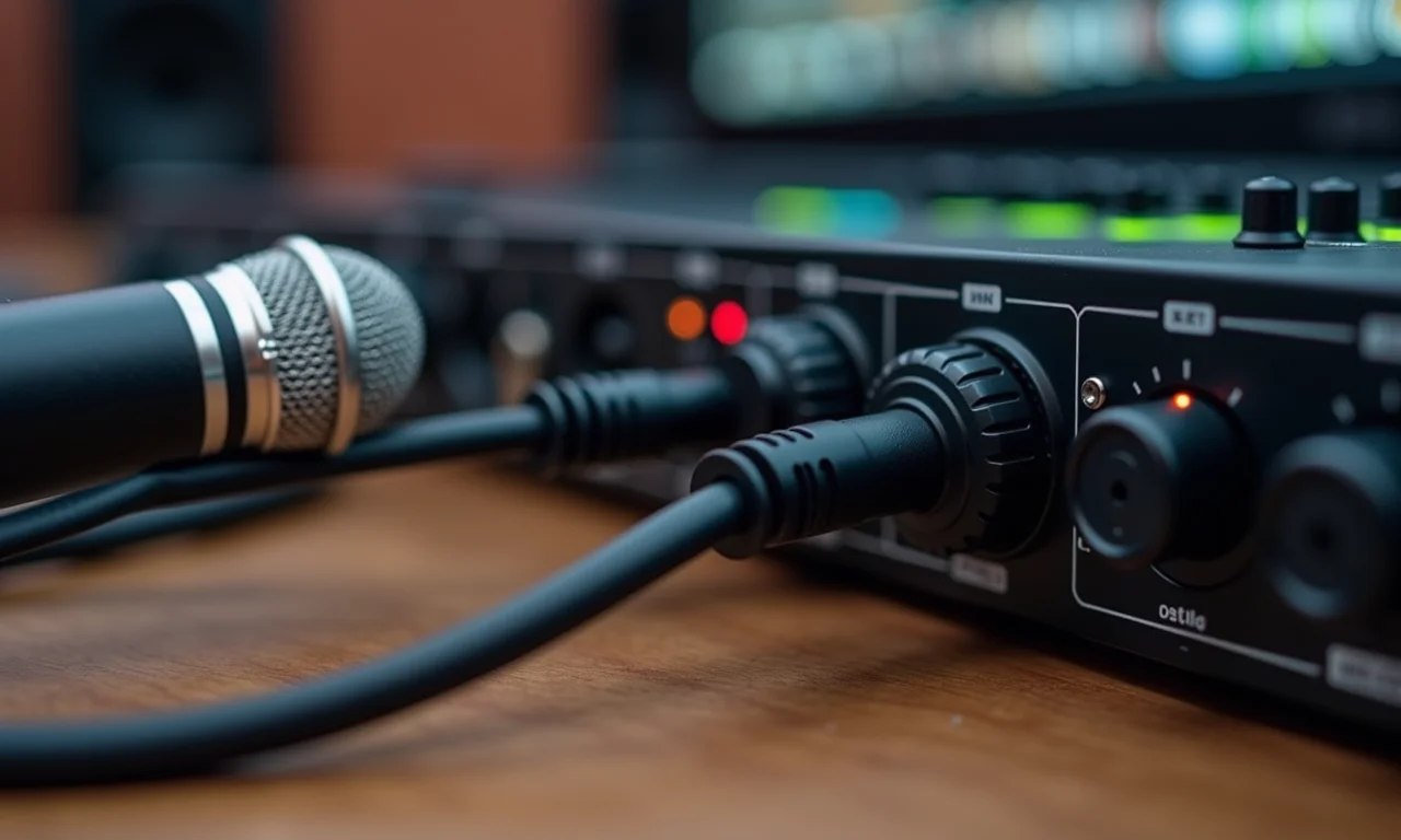 Interface de áudio conectada a um microfone por cabo XLR.