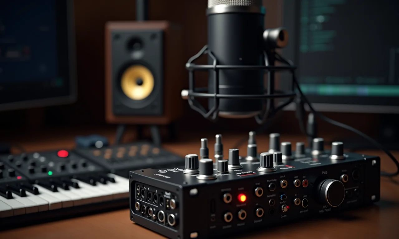 Interface de áudio externa conectada a monitores e microfone.