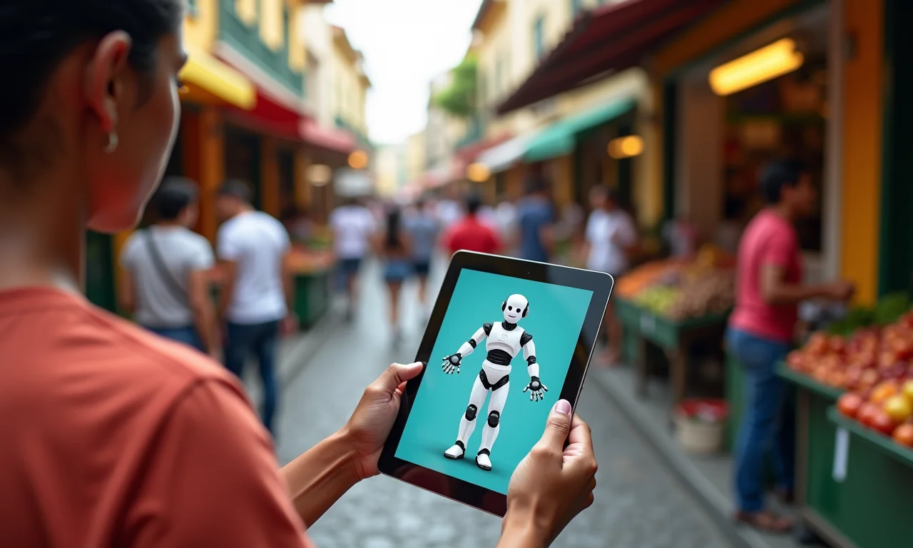 Interface de chatbot sobreposta a um mercado brasileiro, destacando a aplicação da IA na comunicação.