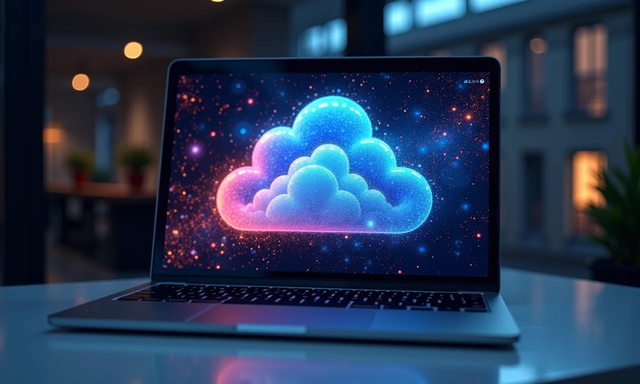 Interface de computação em nuvem em tela de laptop mostrando dados abstratos.
